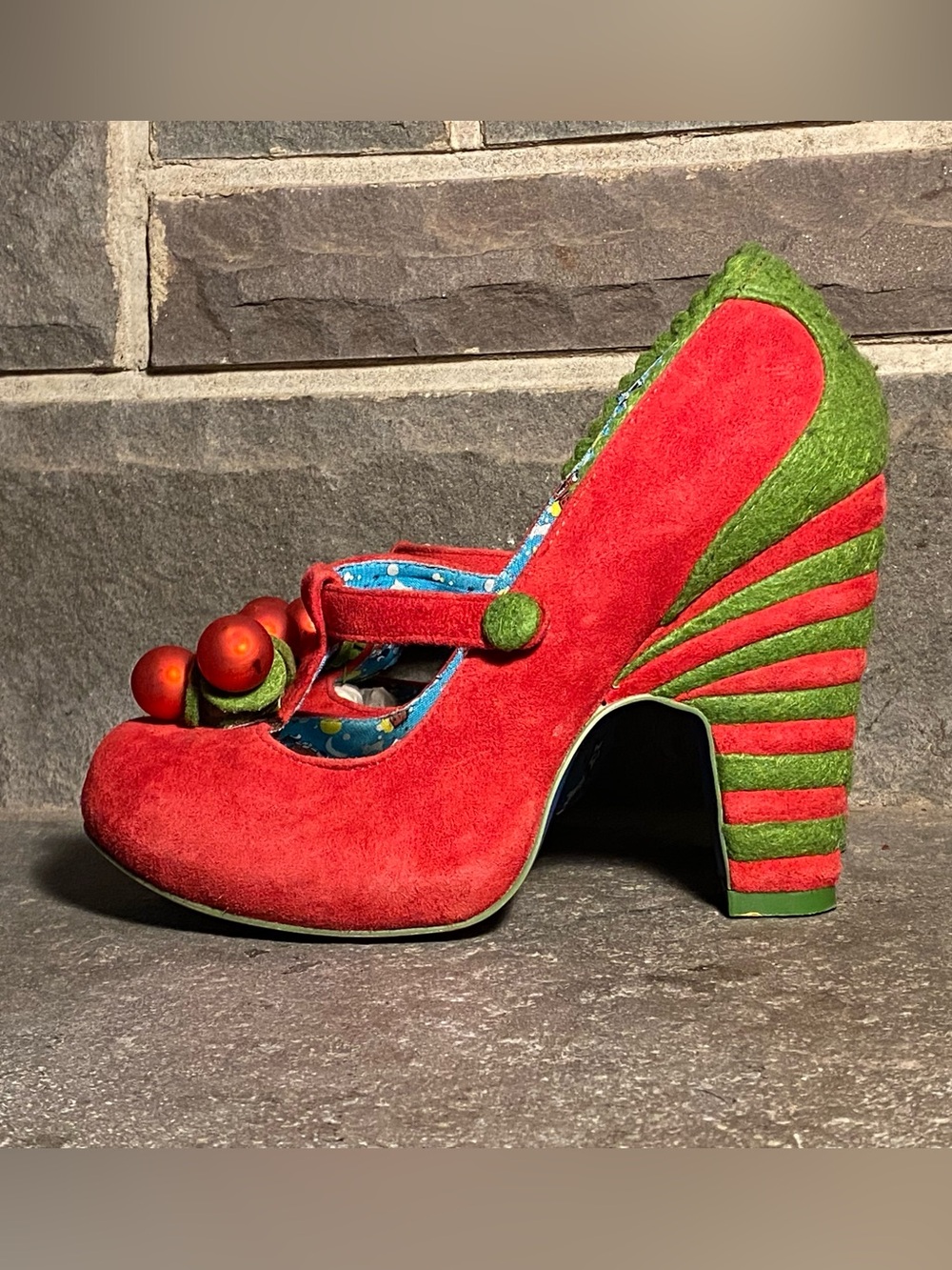 VTG Irregular Choice red suede Xmas pumps,T-strap,metallic berries,stripe heel,7